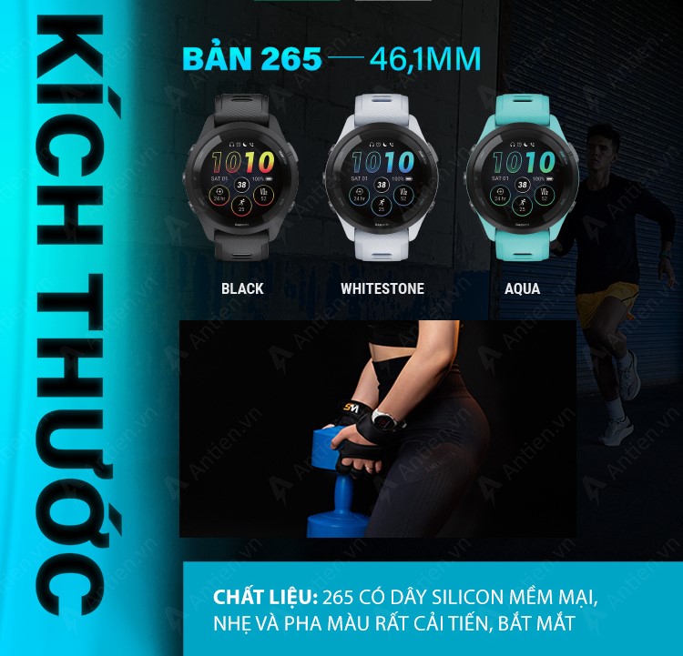 Đồng hồ Garmin Forerunner 265_Mới, hàng chính hãng - Black Bezel and Case with Black/Powder Gray Silicone Band