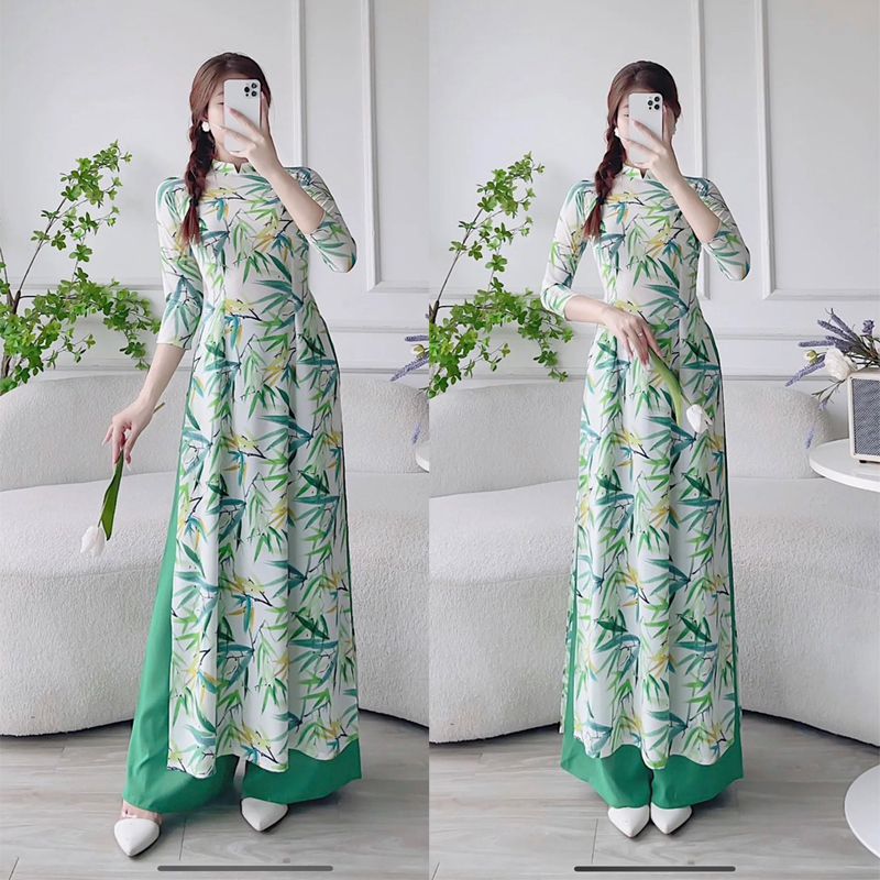Set áo dài truyền thống tay dài họa tiết lá trúc