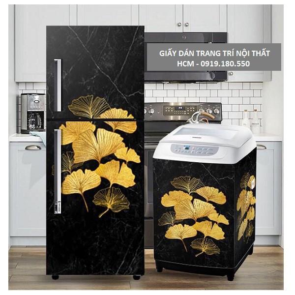 Decal dán tủ lạnh vân đá khảm hoa vàng sang trọng chất liệu cao cấp dễ lau chùi, không bong tróc