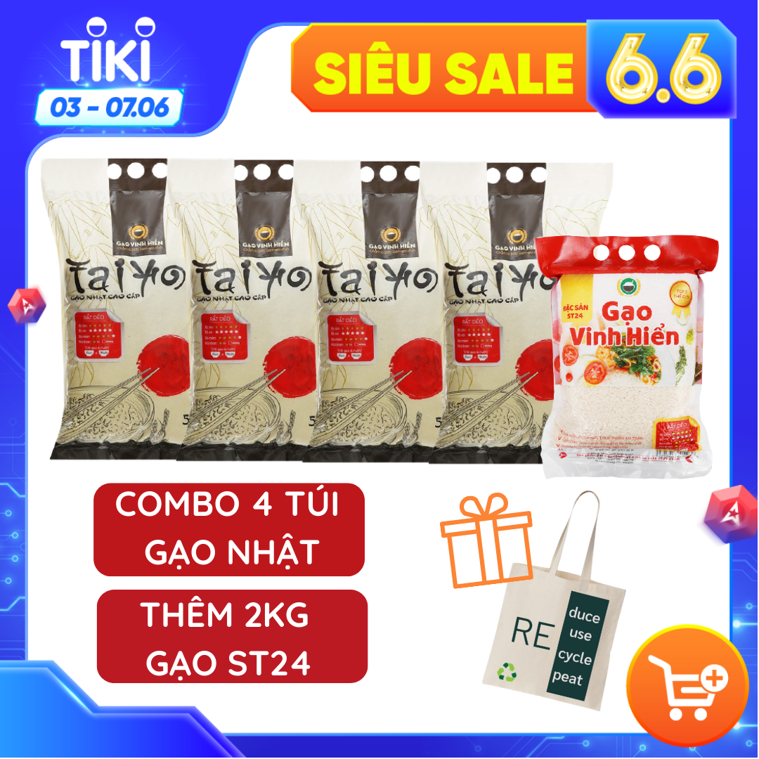 Combo 4 túi Gạo Nhật 5kg tặng thêm 1 túi Gạo ST24 2kg - Dẻo Vừa, Ngọt Cơm