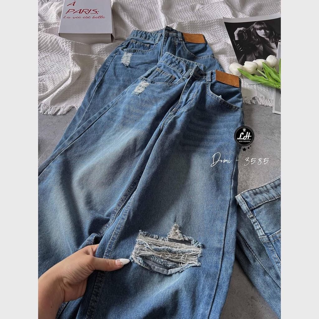 Quần jean nữ ống rộng, quần bò màu xanh rách gối rách lưng có tag cạp cao Lê Huy Fashion MS 3585