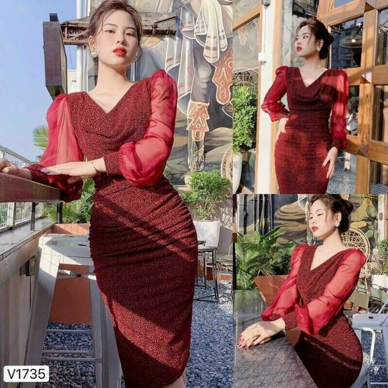 Đầm Body Phối Tay Voan Cổ Đổ - Hậu Nguyễn Store
