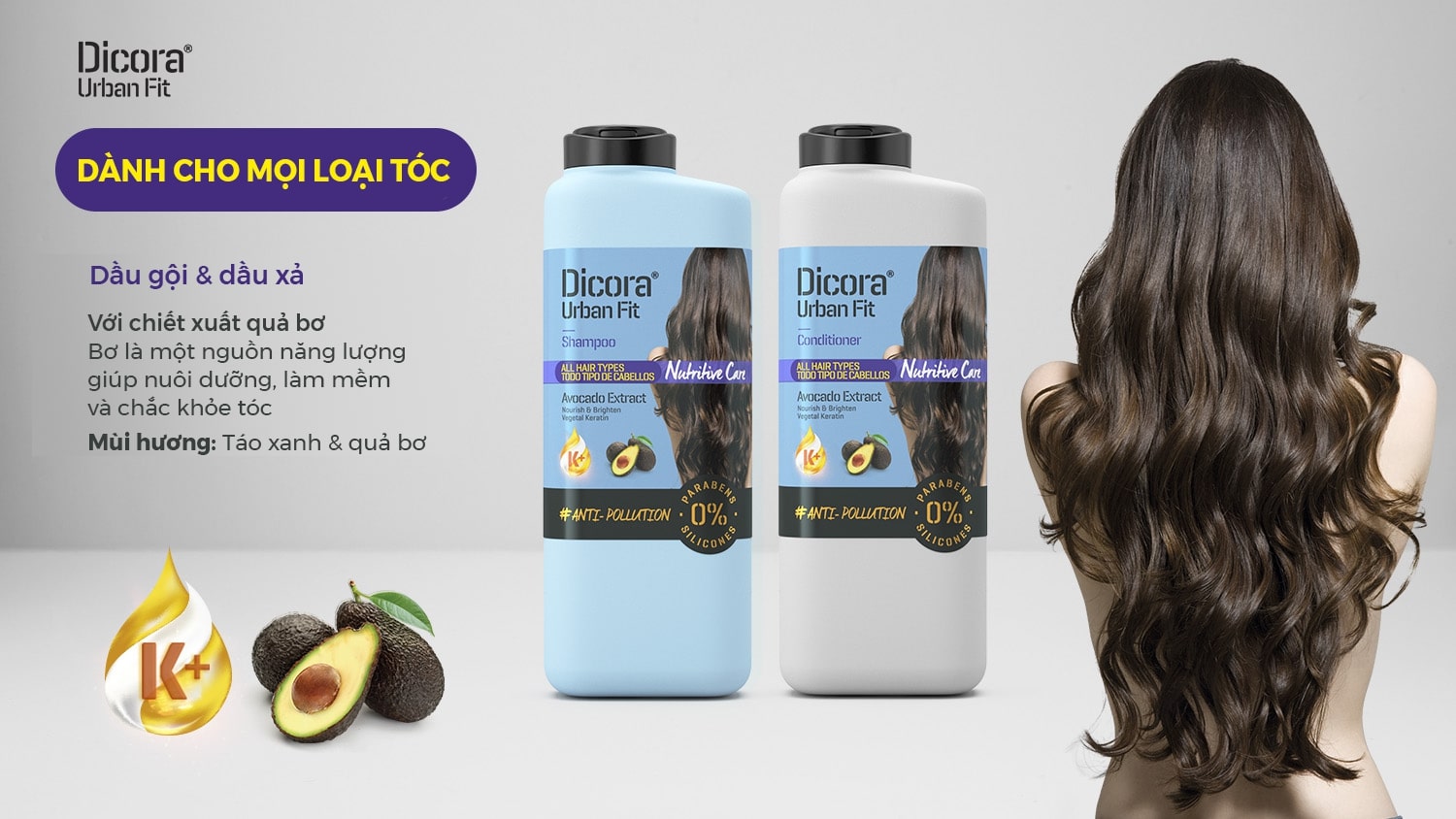 Dầu gội Dicora Urban Fit dành cho mọi loại tóc chiết xuất trái bơ làm sạch da đầu, giúp t.óc chắc khỏe 400ml