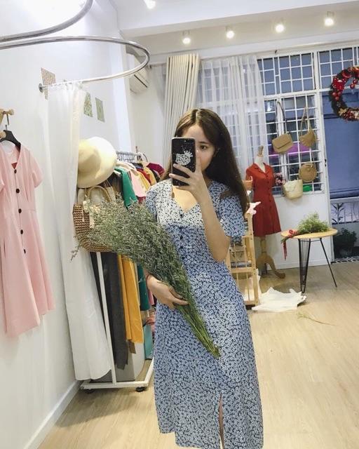 Đầm xoè cổ tim cúc trước xẻ trước hoạ tiết hoa nhí thiết kếvideo ảnh thật