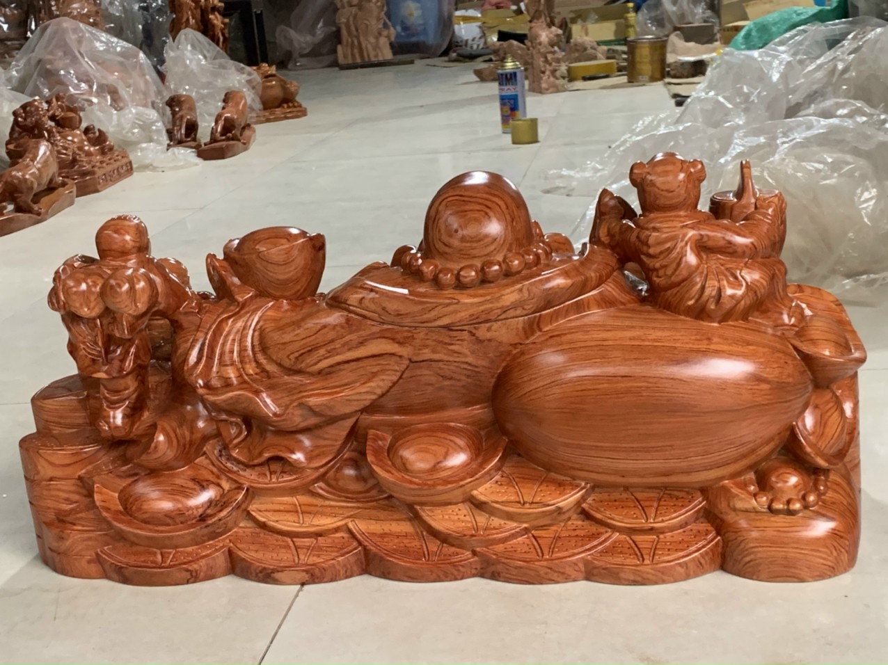 Tượng phật di lặc ngũ phúc bằng gỗ hương hương đá liền khối kt 60×28×26cm