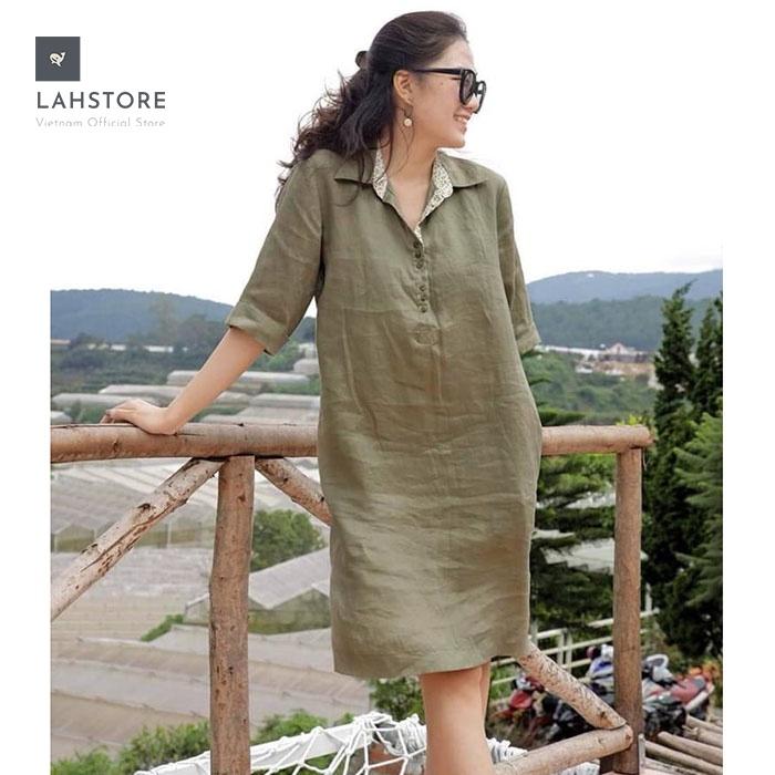 Đầm suông linen cổ đức tay lỡ túi sườn trẻ trung LAHSTORE