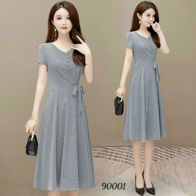 Đầm caro dài qua gối phối cột dây eo chất siêu đẹp