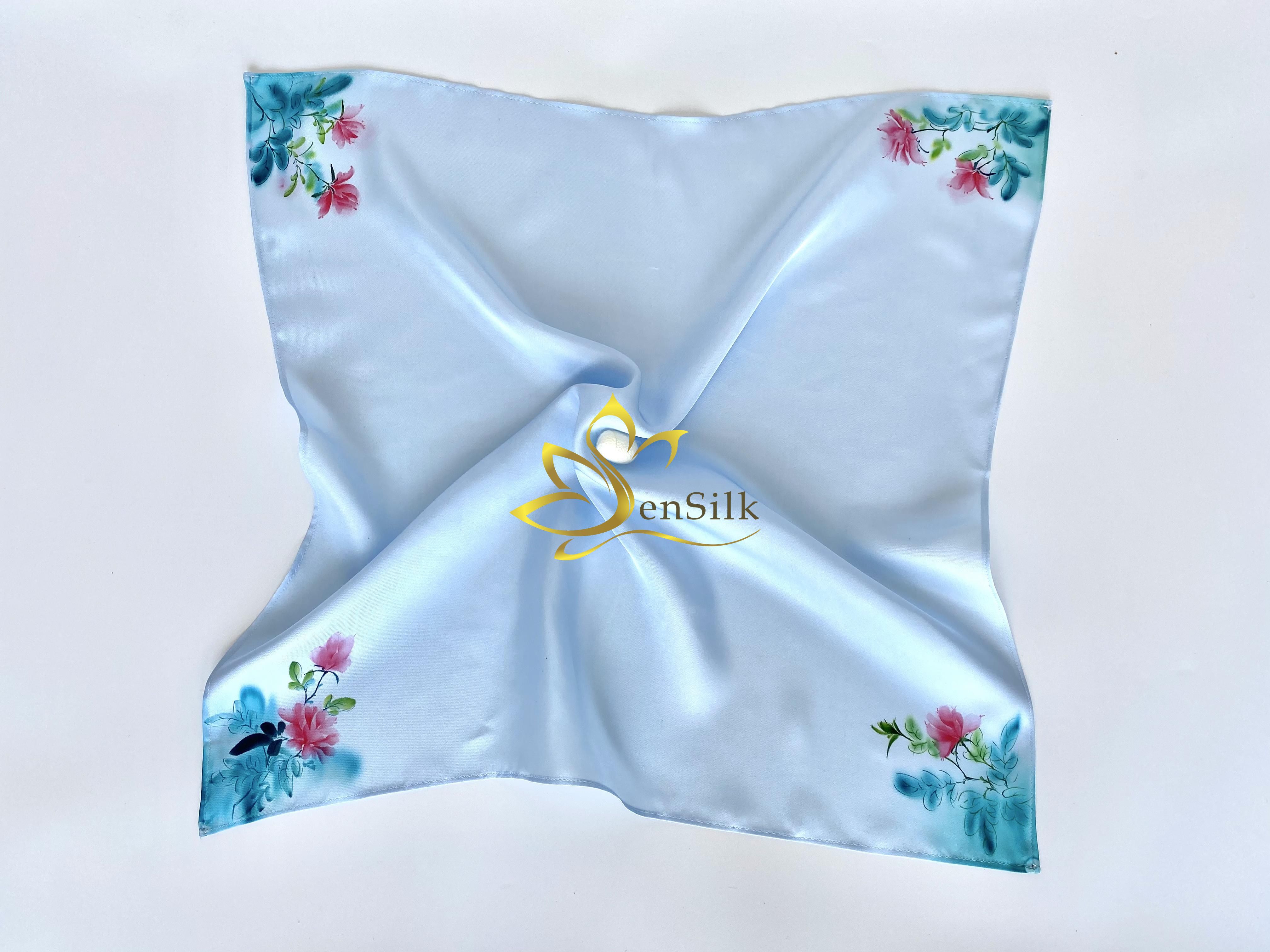 Khăn Lụa Thời Trang Vẽ Tay SenSilk Hoa Mẫu Đơn 55x55cm, lụa vuông thắt nơ, nơ lụa sành điệu - quà tặng cao cấp