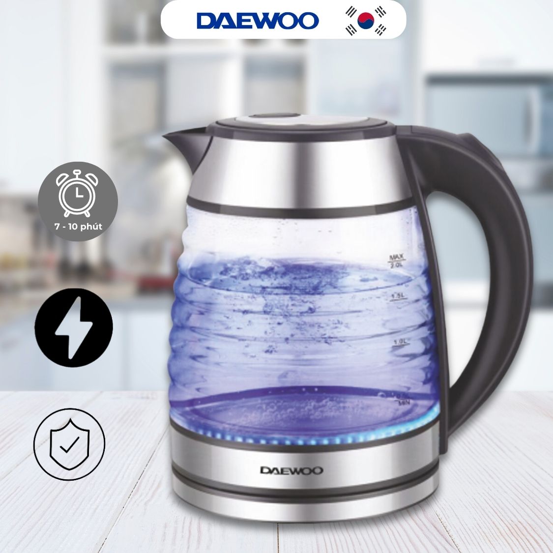 Ấm siêu tốc thủy tinh 1.7L Daewoo DWK-GL1803 thiết kế vỏ sò đèn LED độc đáo - Hàng chính hãng