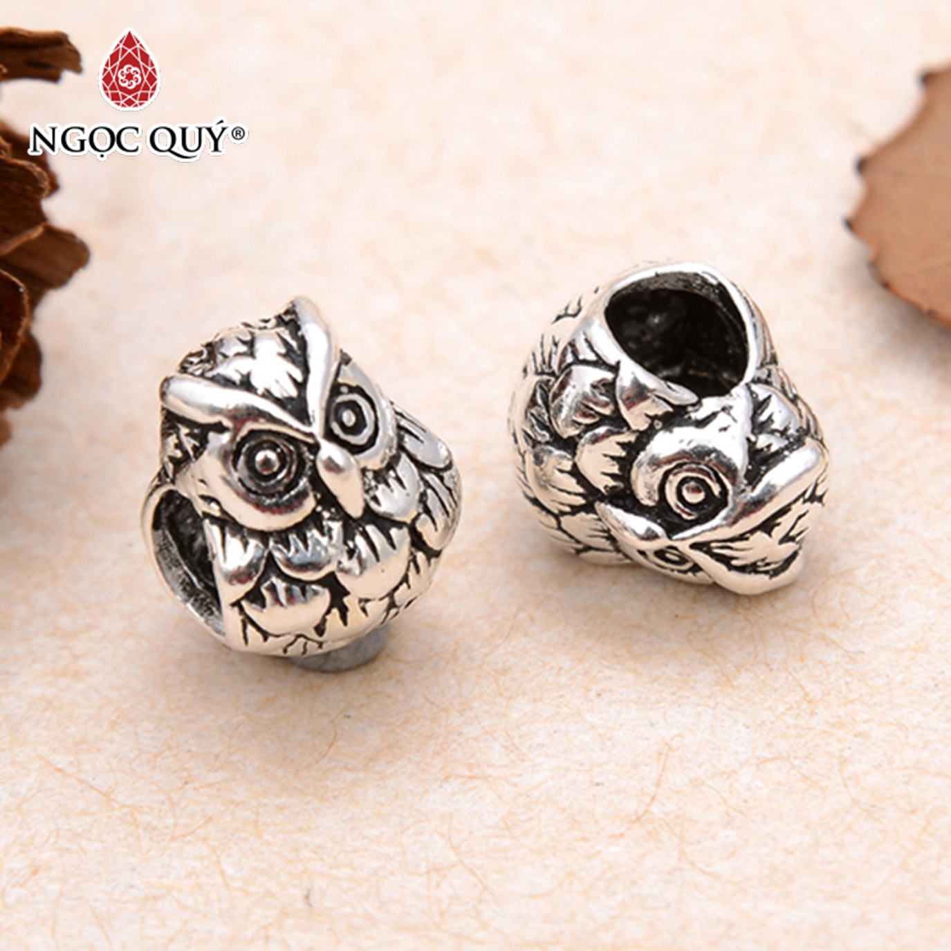 Charm bạc chim cú mèo xỏ ngang - Ngọc Quý Gemstones