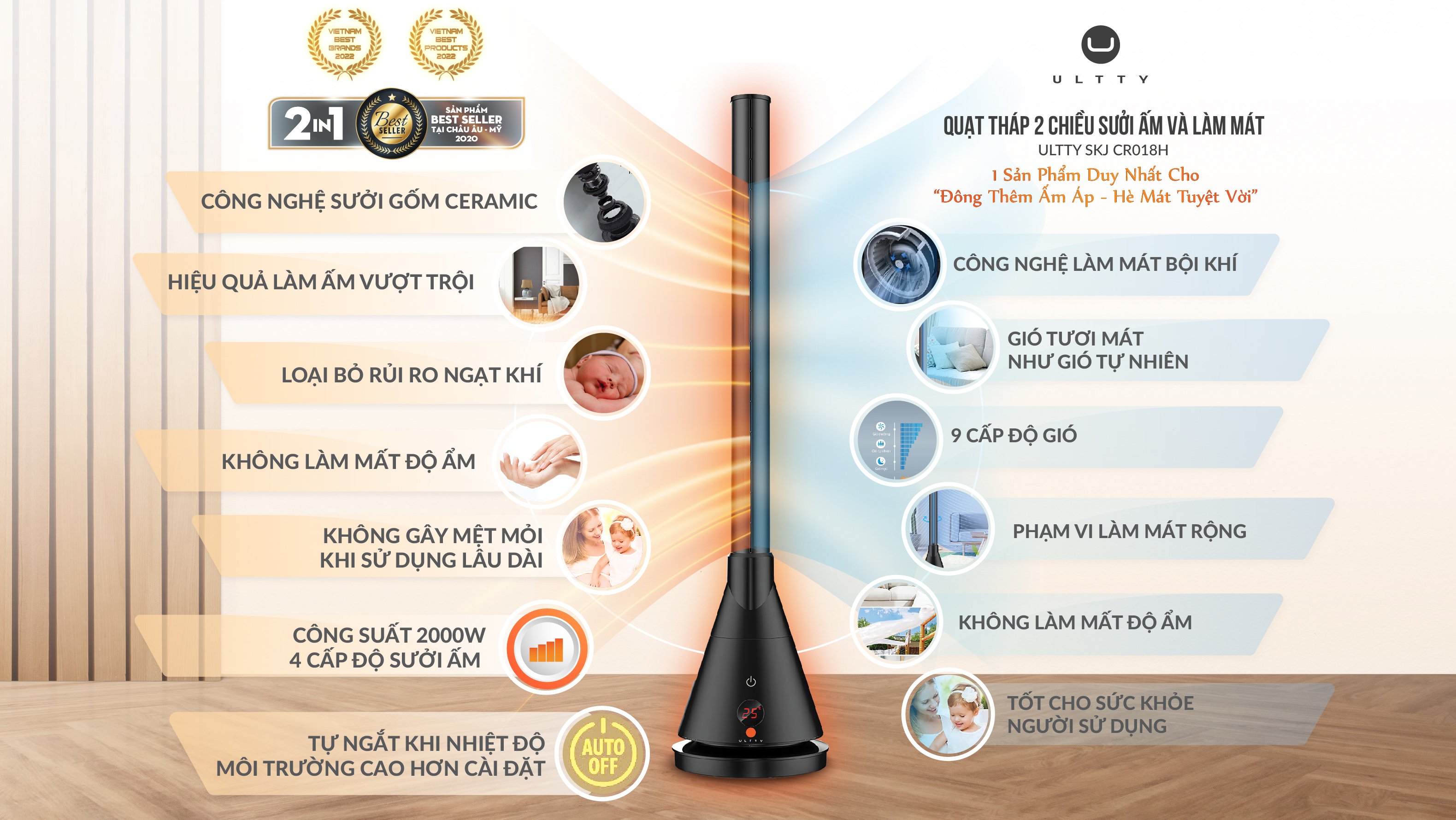 Quạt Làm Mát Và Sưởi Ấm ULTTY SKJ-CR018H, Chất Liệu Sưởi Gốm Ceramic Không Đốt Cháy Oxy, Không Khô Da, Tự Động Tắt Khi Quá Nhiệt - Màu Trắng - Hàng Chính Hãng