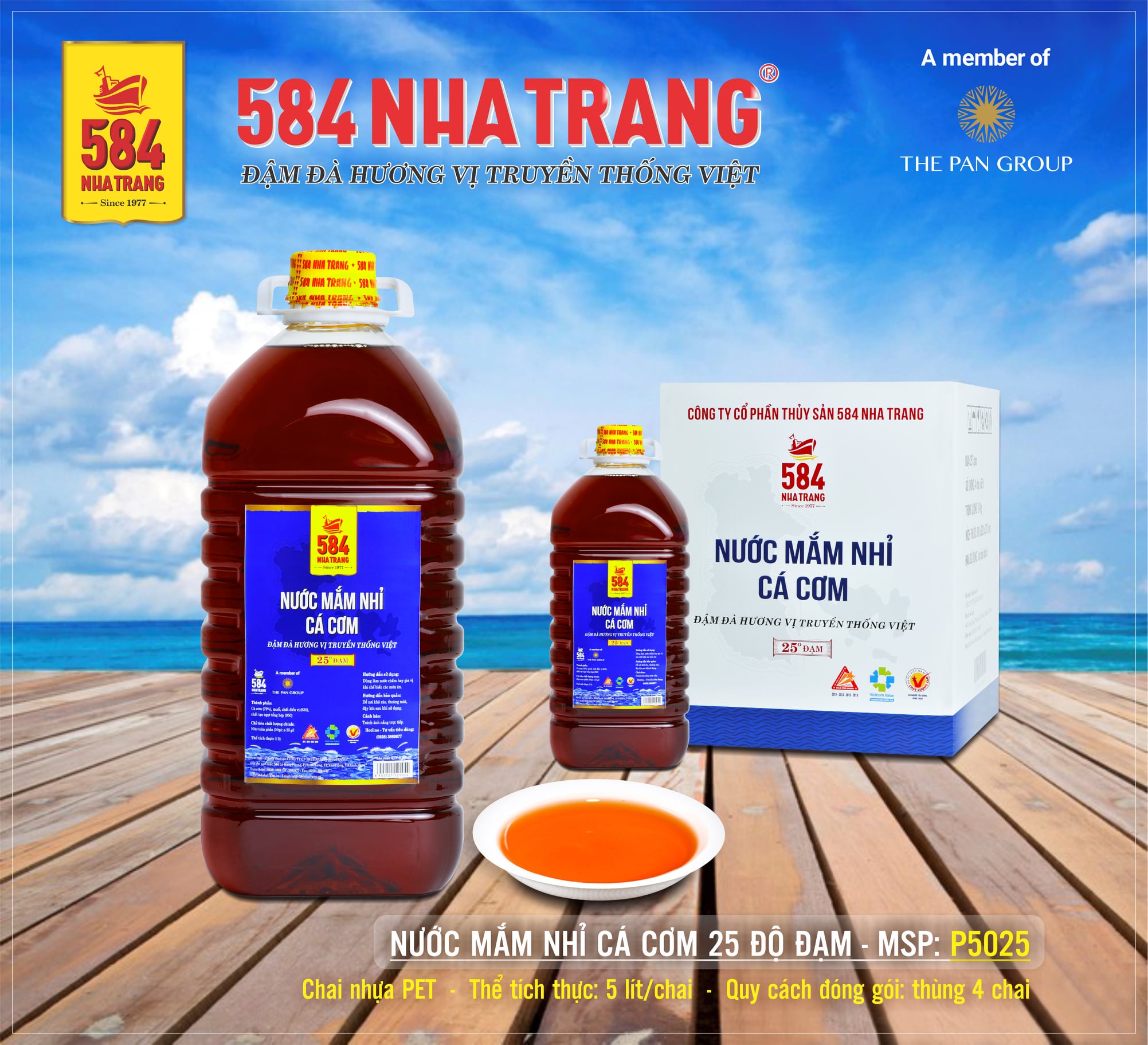 Thùng 4 chai 5 Lít Nước mắm Nhỉ Cá cơm 584 Nha Trang - Loại 25 độ Đạm, Date mới nhất