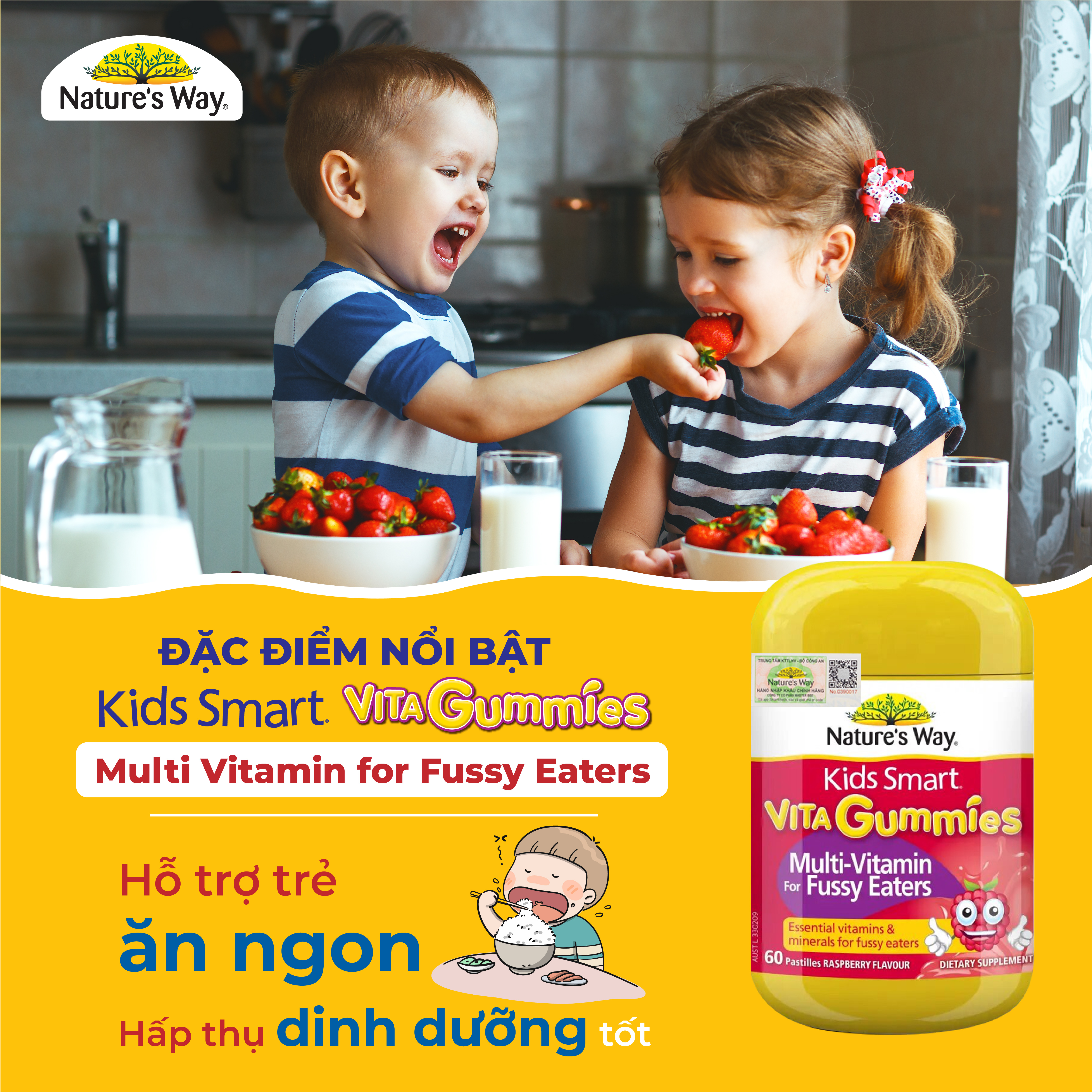 Kẹo Dẻo Vi Chất Cho Bé Nature's Way Kids Smart Vita Gummies Multi Vitamin for Fussy Eaters Kích Thích Ăn Ngon 60 Viên