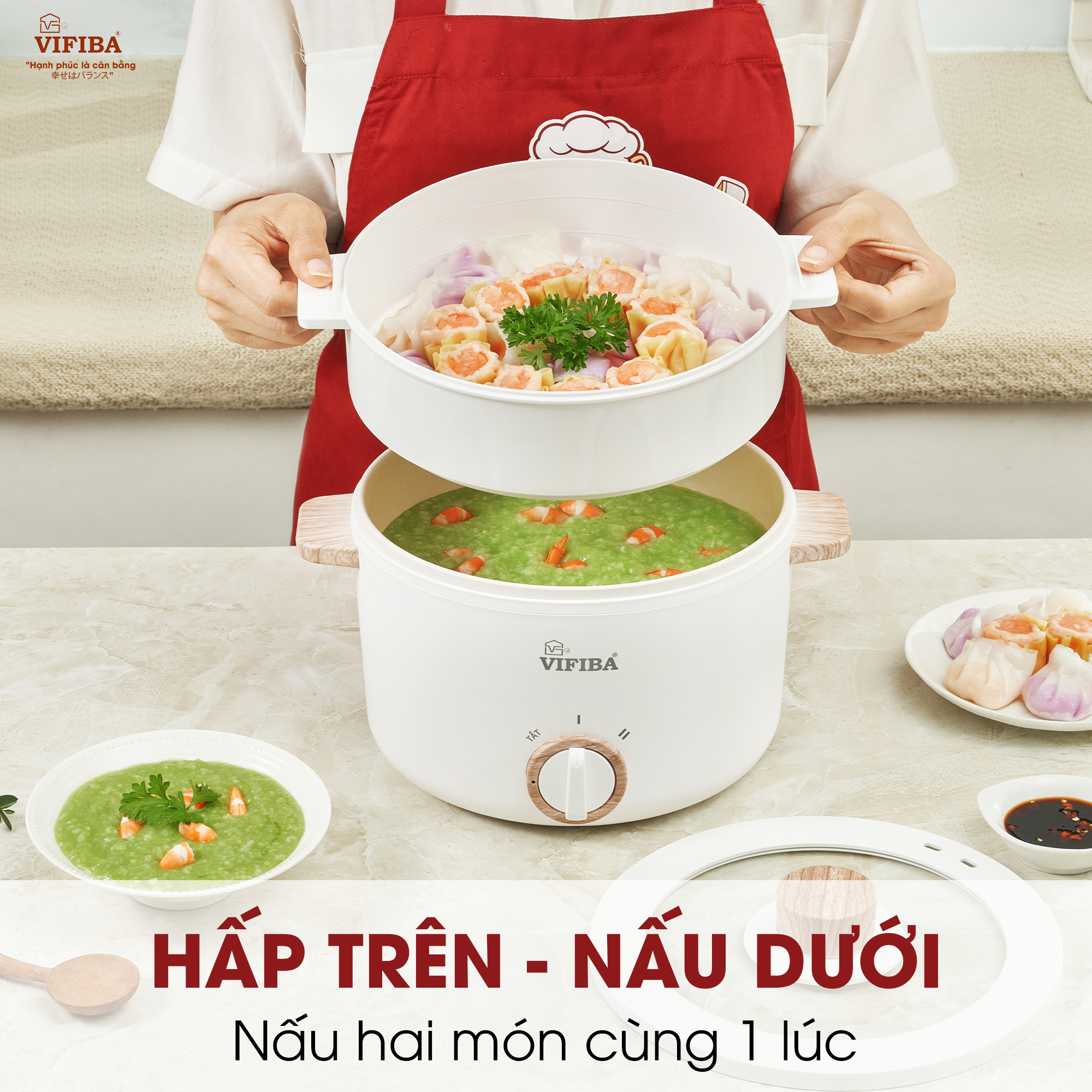 Nồi Lẩu Điện Siêu Tốc Đa Năng Vifiba Hàng Chính Hãng, Dung Tích 3L - Kèm Khay Hấp 2L, Công Suất 1000W, Tiết Kiệm Điện