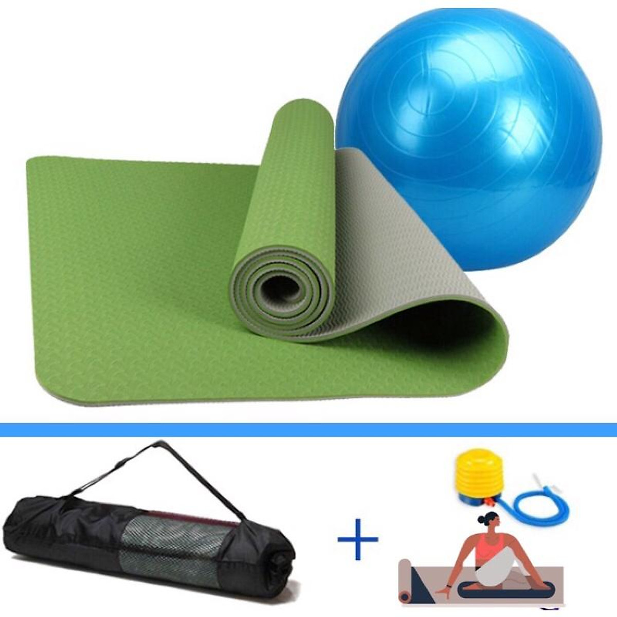 Combo thảm tập yoga 6mm 2 lớp + bóng tập yoga cao cấp (Kèm túi đựng thảm và bơm bóng) - Chính hãng dododios