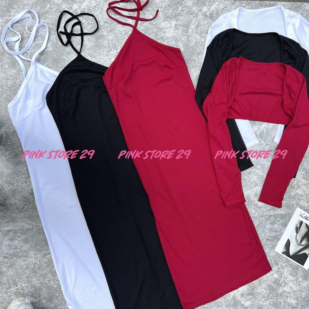 Đầm Body Dài Cổ Yếm Kèm Áo Khoác Tay Dài D065