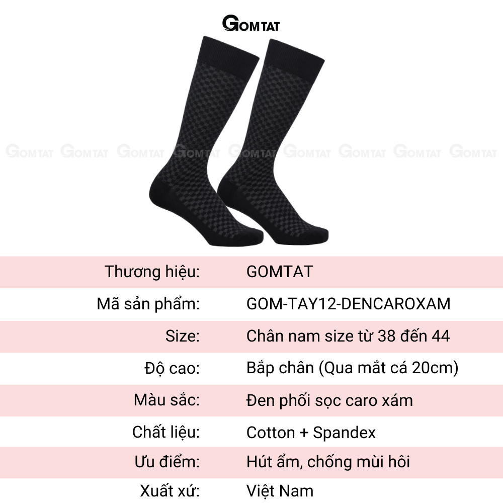 Tất nam công sở cổ cao 27cm, vớ nam đi giày tây họa tiết đen caro xám chất liệu cao cấp - GOM-TAY12-DENCAROXAM