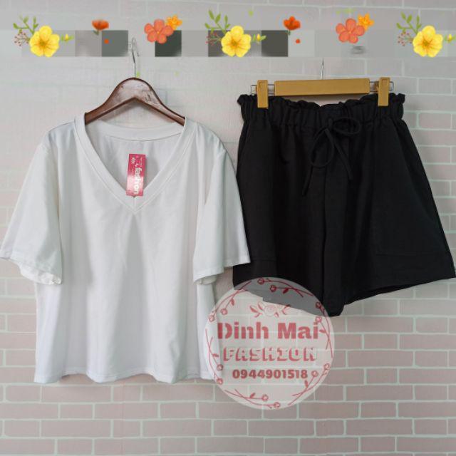 Set áo cổ tim croptop mix quần đùi ống rộng nhún eo lưng cao BIGSIZE