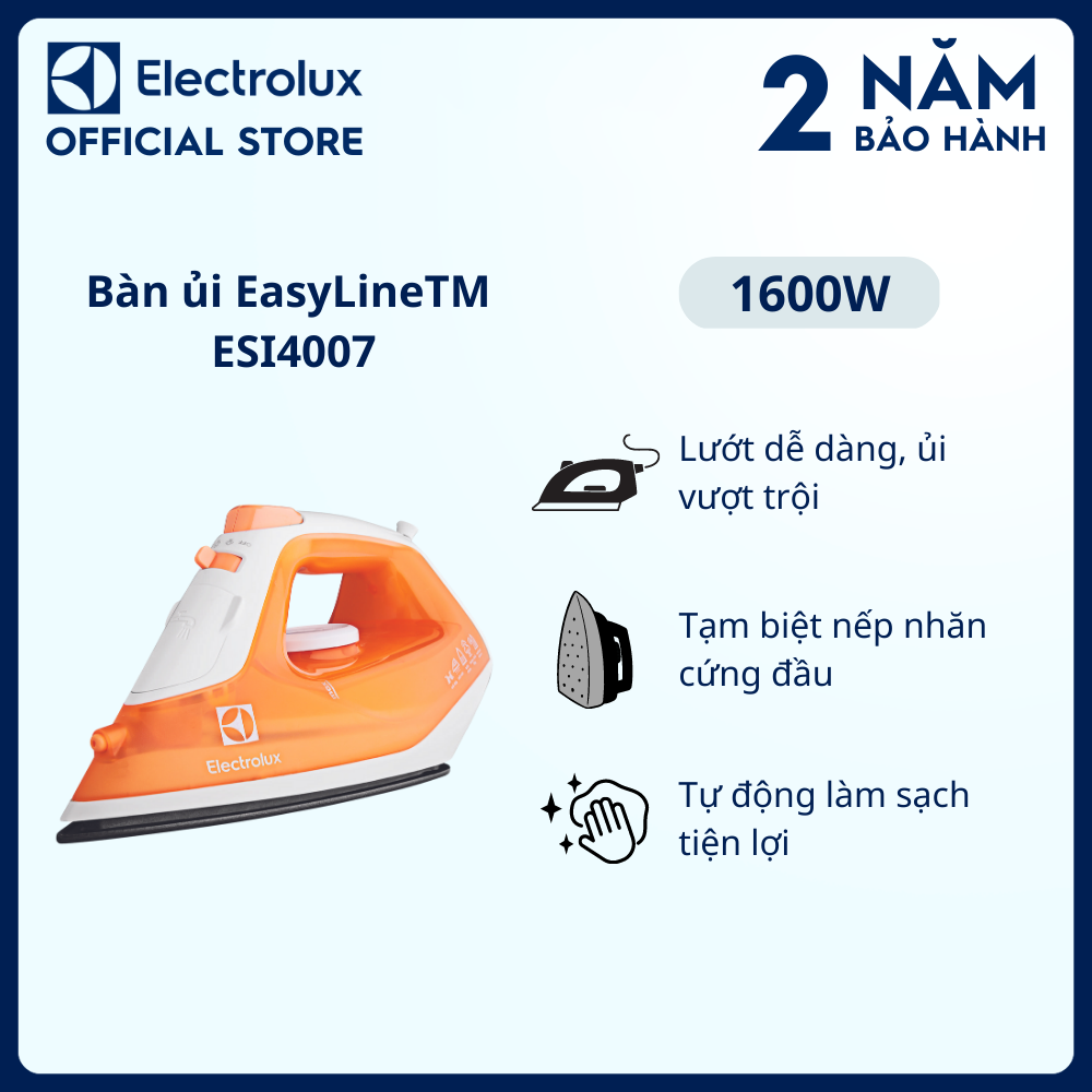 Bàn ủi Electrolux EasyLineTM - ESI4007 - Lướt dễ dàng, ủi vượt trội, tạm biệt nếp nhăn cứng đầu, tự động làm sạch tiện lợi [Hàng chính hãng]