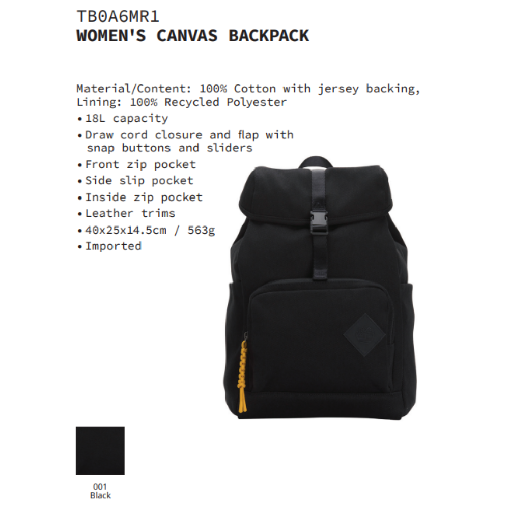 Timberland Ba lô Nữ - Canvas Backpack for Women 18L in Black TB0A6MR101