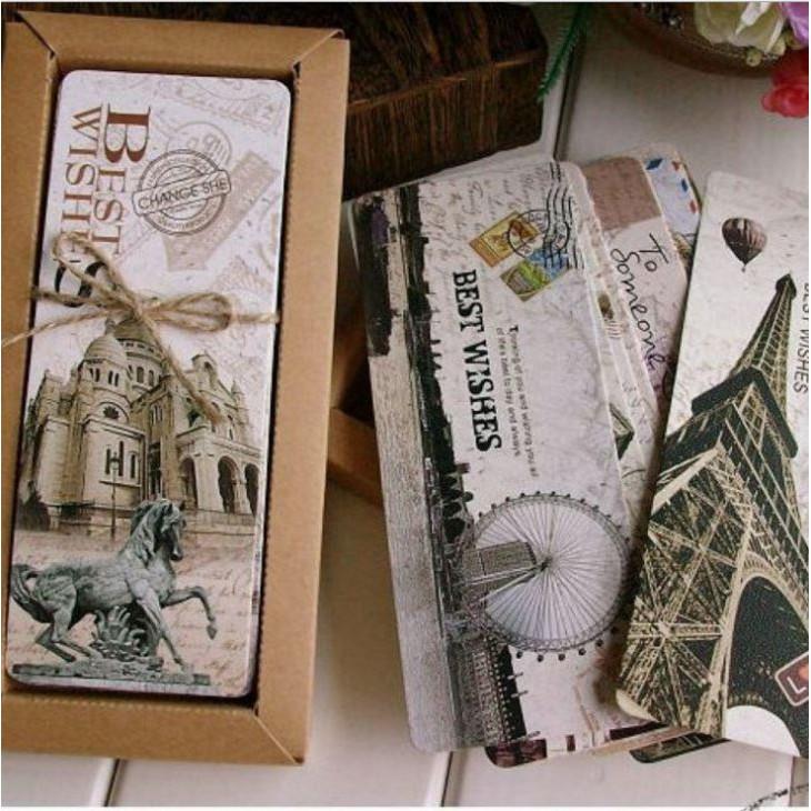 Hộp 30 Đánh Dấu Trang Sách Bookmark Paris Tháp Eiffel Vintage Retro