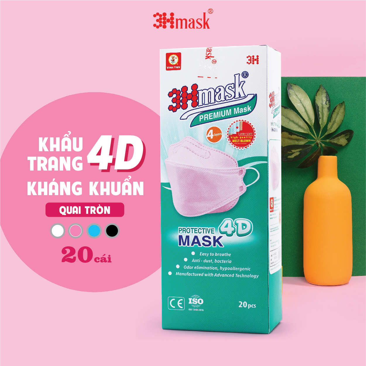 Khẩu Trang 3Hmask 4D Quai Tròn Hồng (20 cái) - Kháng Khuẩn Cao Cấp ôm khít mặt, không lem son