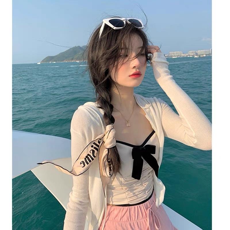 MS625 Áo hai dây nữ kiểu rúm ngực đính nơ croptop