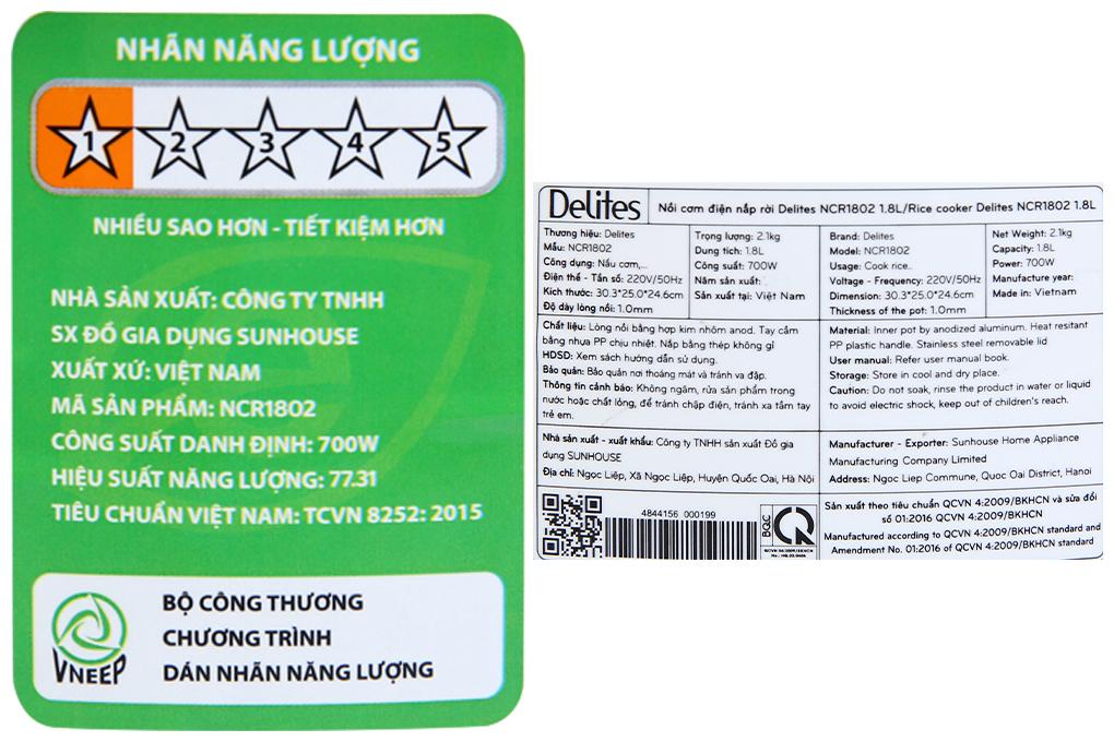 Nồi cơm điện nắp rời Delites 1.8 lít NCR1802 - Hàng chính hãng