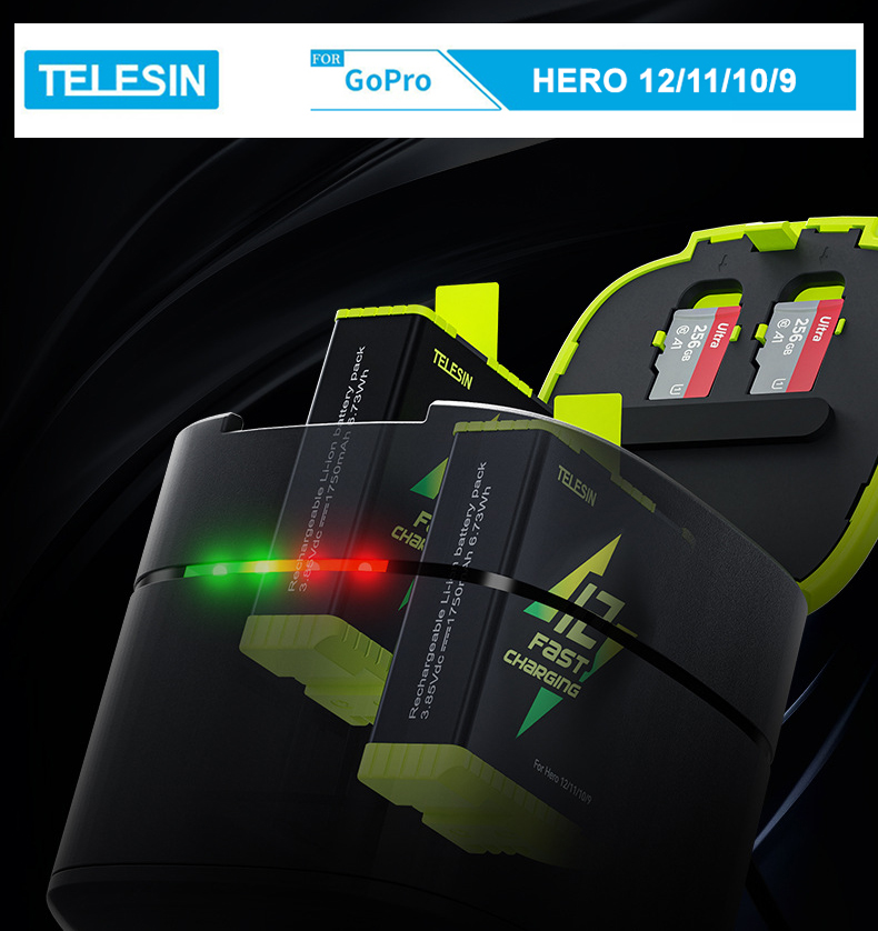 Combo dock sạc nhanh TELESIN + 1 viên pin Telesin Fast Charging dùng cho GoPro Hero 12/11/10/9