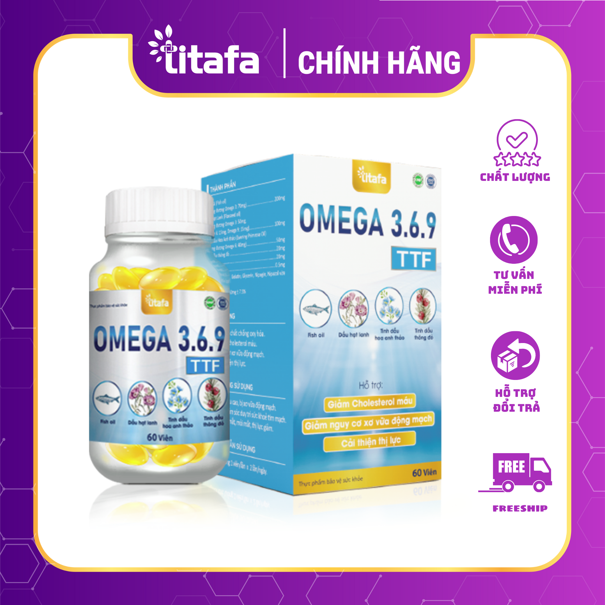 Viên uống OMEGA 3.6.9 TTF Hộp 60 viên - Hỗ trợ thị lực, giảm khô mắt, mỏi mắt, tốt cho tim mạch và não bộ [Chính hãng TITAFA]