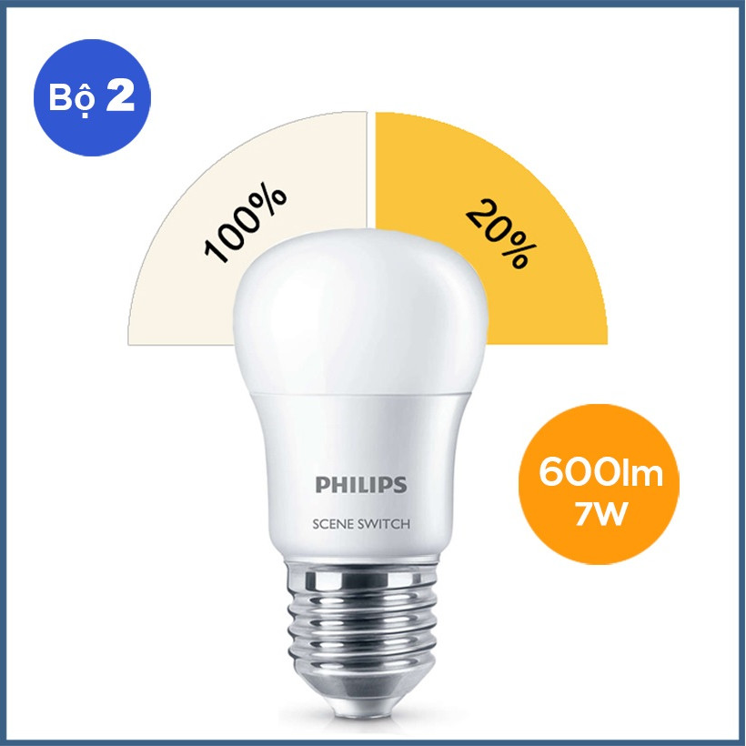 Combo 2 Bóng Đèn Philips LED Scene Switch 2 Cấp Độ Chiếu Sáng 6.5W 3000K E27 P45 2C-929001209307 - Ánh Sáng Vàng