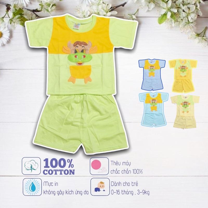 Set áo quần cộc tay trẻ em sơ sinh  thêu hình con trâu - 5 màu - dành cho trẻ 3 - 9kg