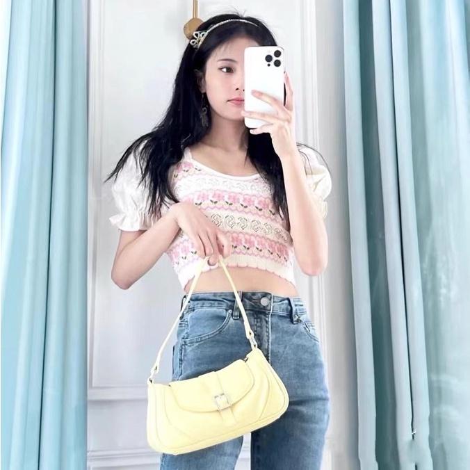 Áo kiểu croptop nữ tay ngắn cổ vuông dáng ôm thiết kế len dệt kim phối tay bồng phong cách Hàn Quốc trẻ trung