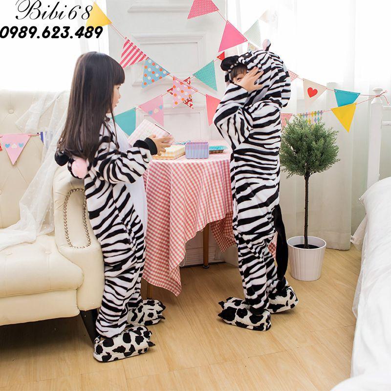Bộ Đồ thú ngựa vằn liền thân lông mịn Pijama dành Cho Người Lớn và Trẻ Em kiểu dáng Động Vật Hoạt Hình Cosplay