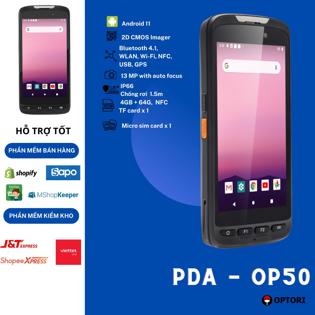 Máy quét mã vạch PDA đọc được CCCD – Máy kiểm kho PDA Android 11 – Máy PDA OPTORI OP50 ( Hàng chính hãng)