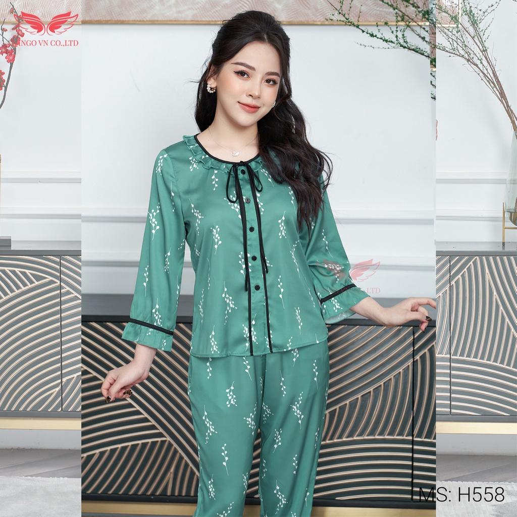 Bộ Đồ Ngủ Pyjama Nữ Mặc Nhà VINGO Lụa Pháp Cao Cấp Tay Lỡ Phối Nơ Quần Dài Thu Đông Họa Tiết Hoa Trắng Xanh H558 VNGO