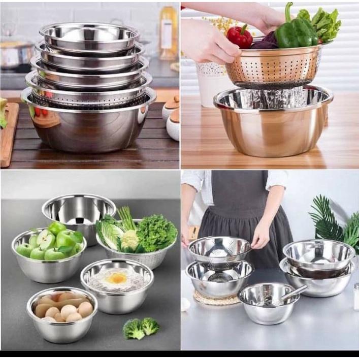 Bộ Thau Rổ Inox Nhà Bếp 5 Món Bằng Inox Đủ Size Từ 18 - 26Cm Tiện Dụng, Dày Dặn cho nhà bếp - Cao Cấp