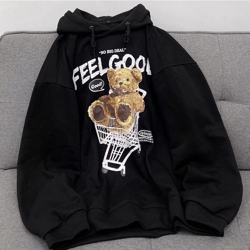 áo hoodie gấu màu đen + kem ảnh thật unisex ( nam nữ mặc đều được