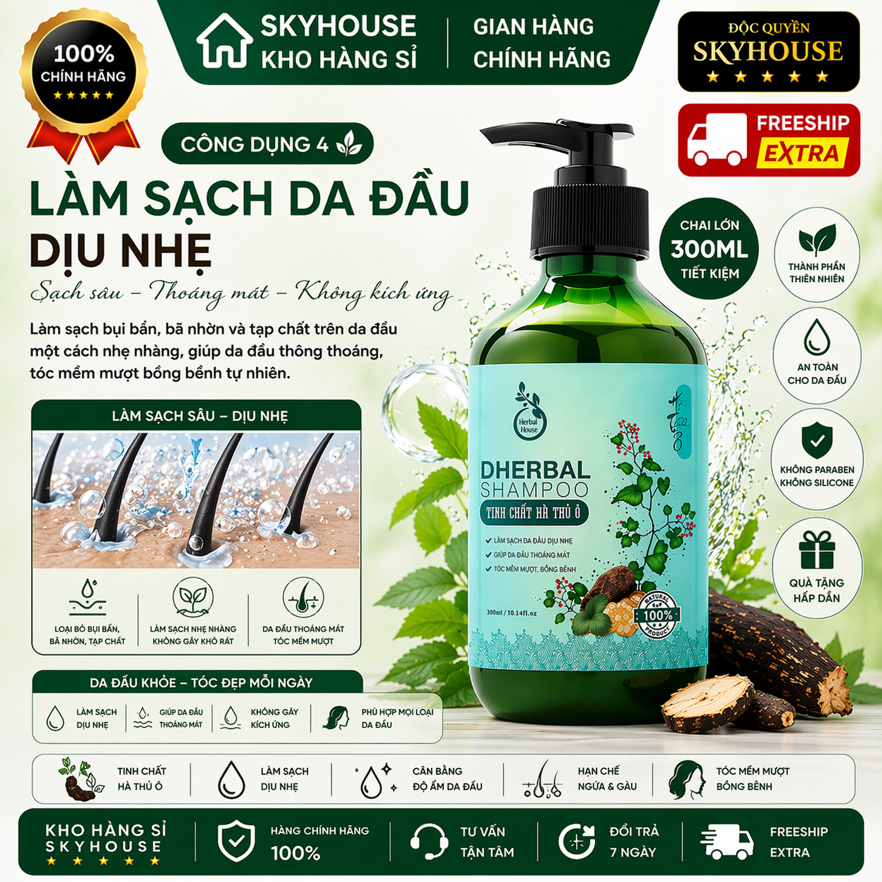 Dầu gội thảo dược thiên nhiên tinh chất hà thủ ô độc quyền DHERBAL chai 300ml dầu gội tóc chắc khỏe suôn mượt chính hãng