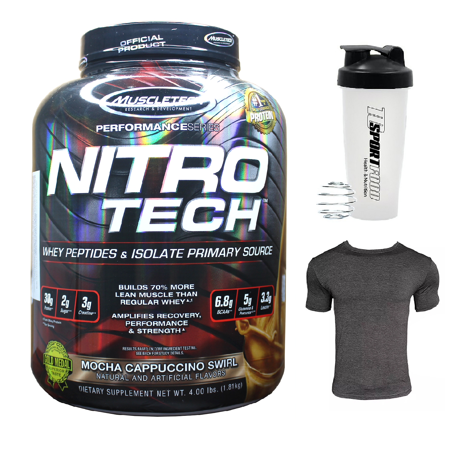 Combo Sữa tăng cơ giảm mỡ cao cấp Nitrotech của Muscletech hương Mocha Cappuccino hộp 4lbs & Bình lắc 600ml (Mẫu ngẫu nhiên) & Áo thun thể thao (Size L 68-80kg)