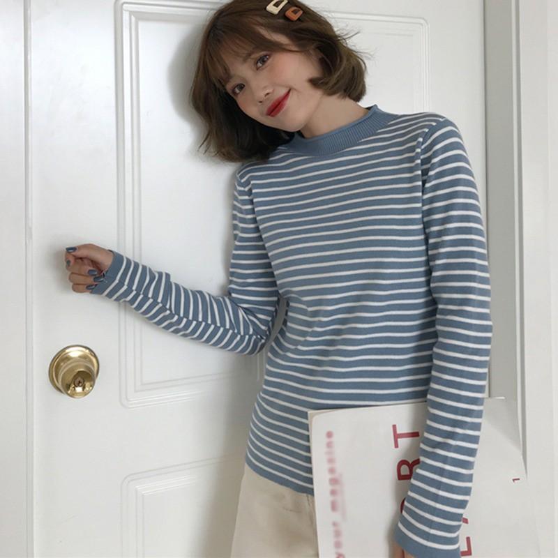 Áo Sweater Dệt Kim Cổ Lọ Kẻ Sọc Xinh Xắn Cho Nữ