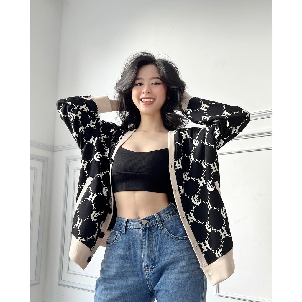 Áo Khoác Cardigan LOGO PATTERN hoạ tiết màu đen/kem - HighClub