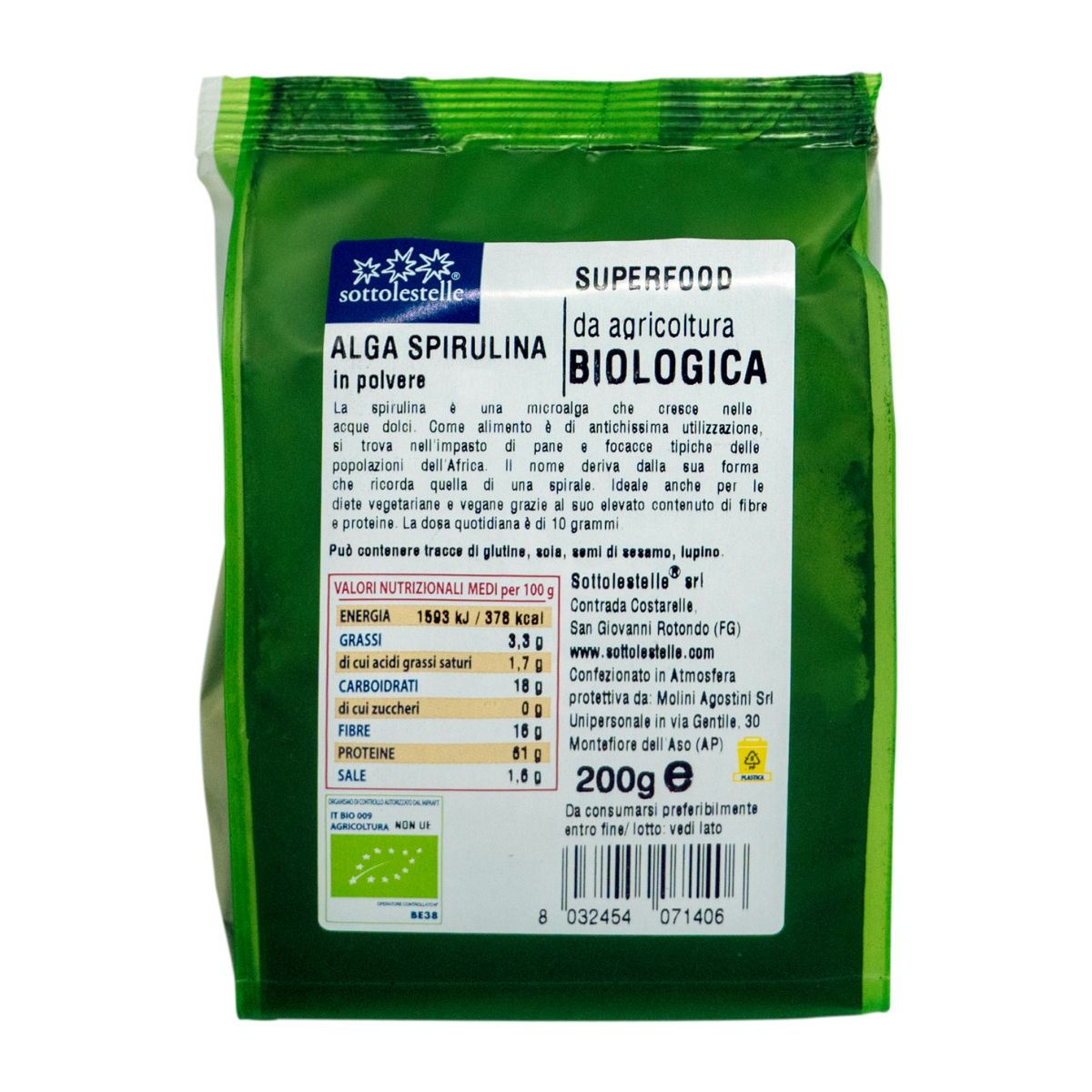 Bột Tảo Spirulina Hữu Cơ 200g Sottolestelle Organic Spirulina Powder 200g