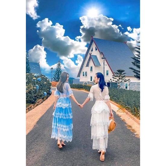 Đầm maxi bi tầng phối ren