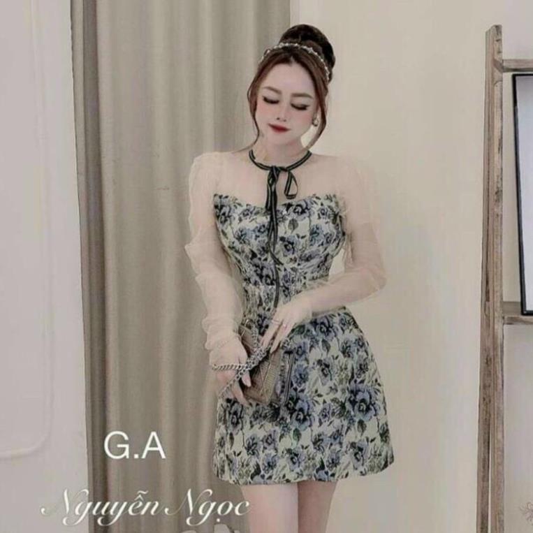 TBL-Đầm Phối Lưới Nơ Cổ Có Mút Ngực (Kèm Hình Thật Trải Sàn Shop Tự Chụp) TASA