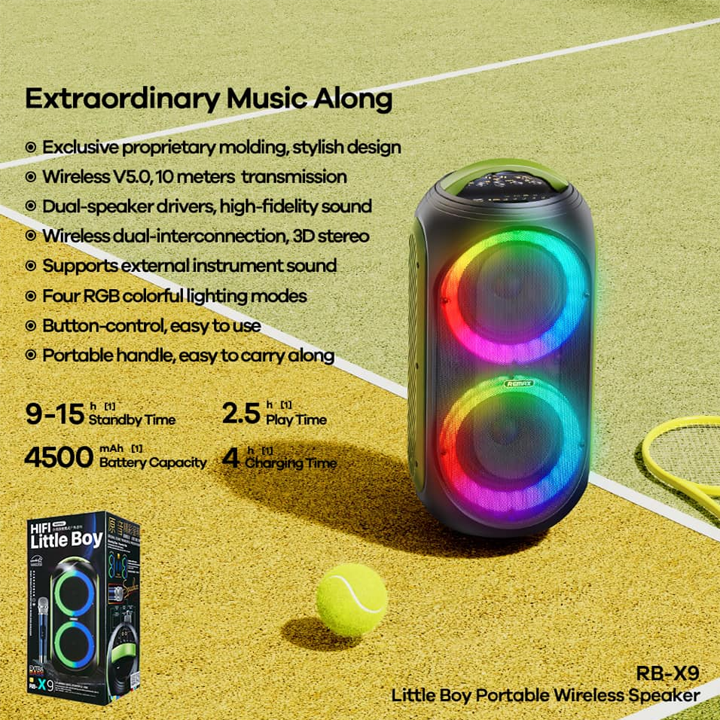 Loa Kéo Bluetooth Karaoke Remax RB-X9 Little Boy LED RGB công suất kép 15W*2 kèm 1 micro không dây - Hàng nhập khẩu