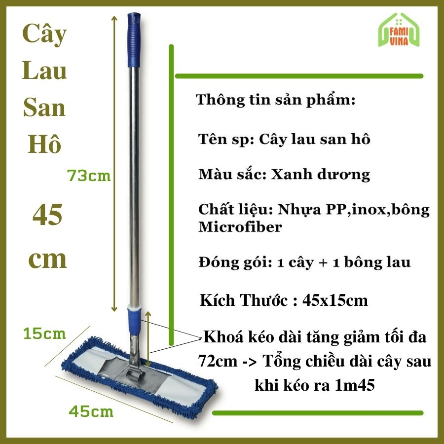 Cây lau bẹ san hô 45cm-cây lau nhà công nghiệp inox bông lau san hô sợi microfiber siêu sạch siêu thấm hút