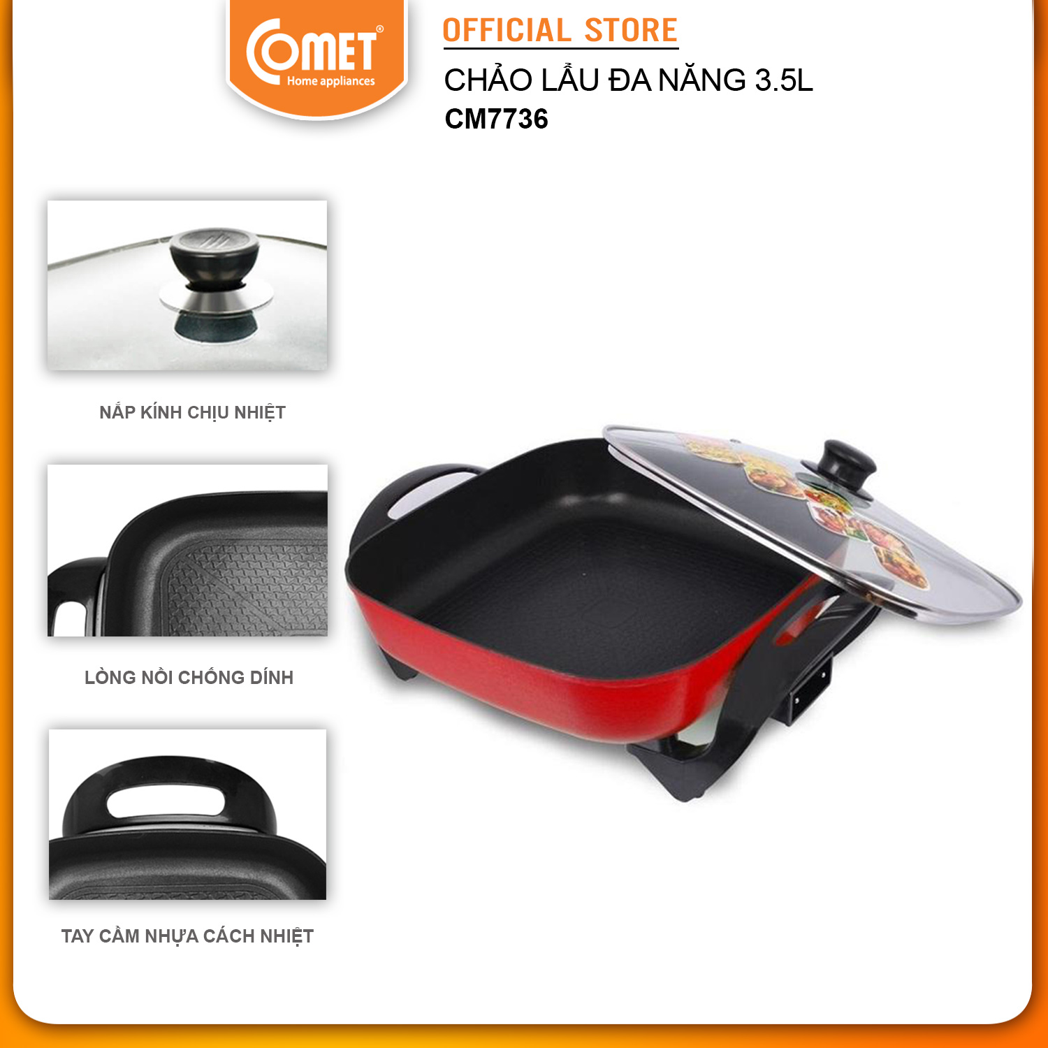 Nồi Lẩu Điện Đa Năng Comet CM7736 (1400W) - Đen - Hàng Chính Hãng