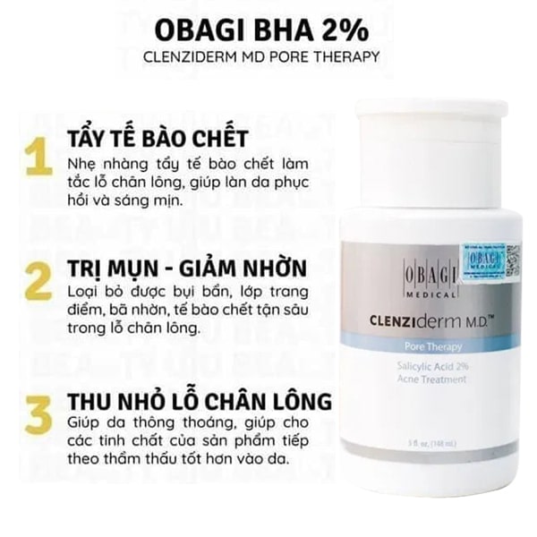 Dung dịch tẩy tế bào chết BHA Obagi - Clenziderm Pore Therapy 148ml - Kiềm dầu, giảm mụn