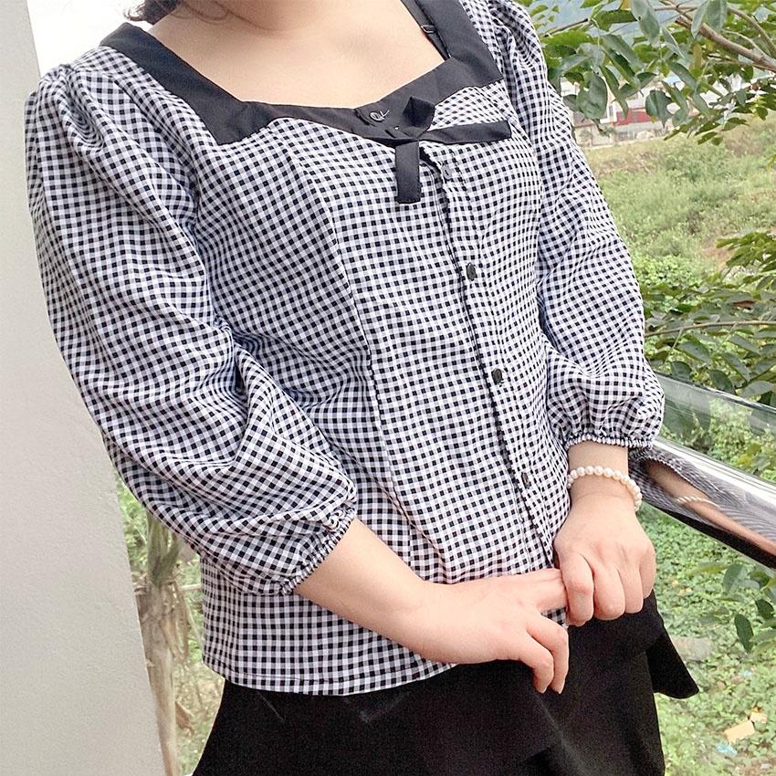 Áo bigsize caro cổ vuông nơ ngực chubbybigsize